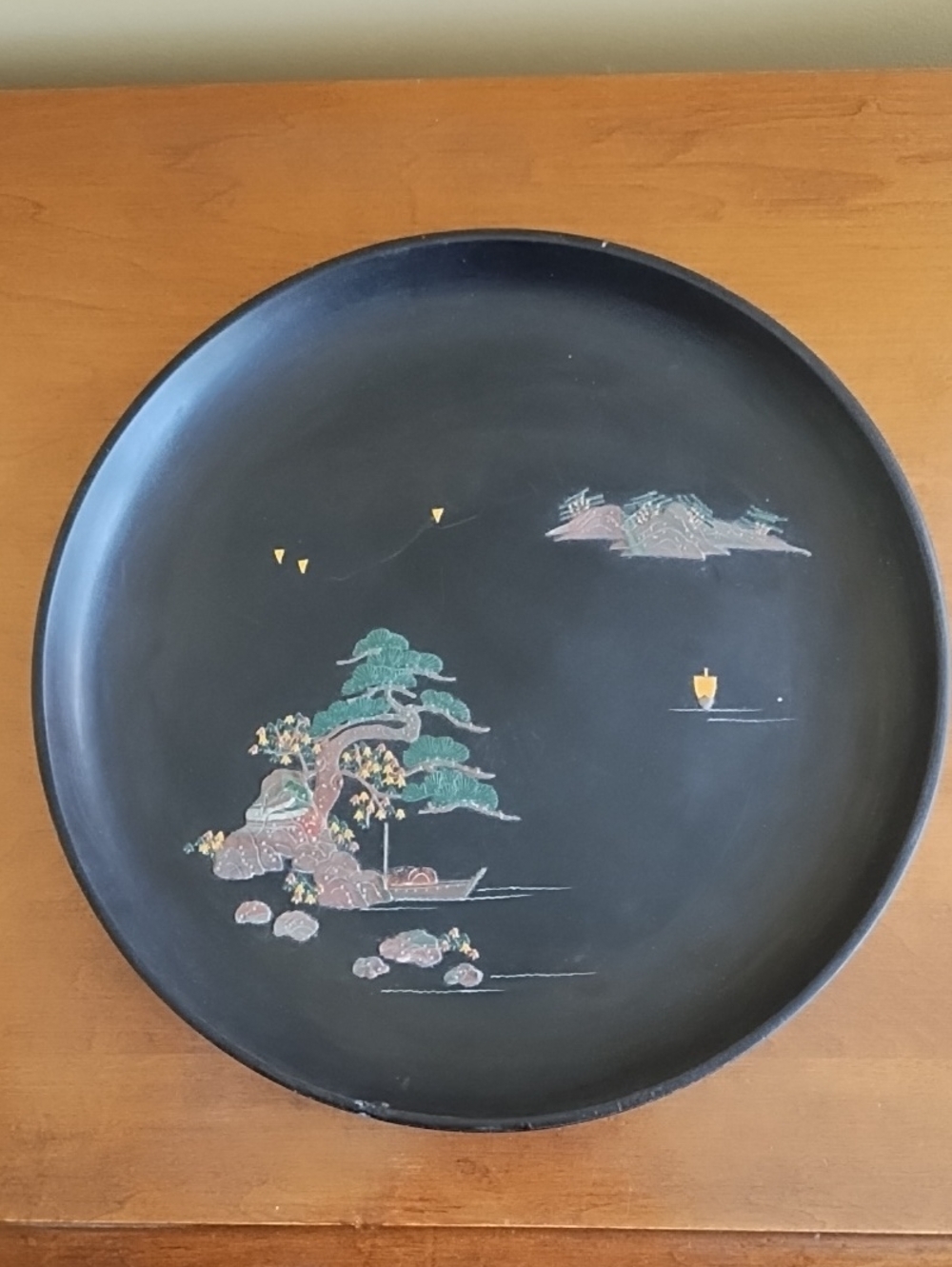 Vintage Japanese Lacquerware Decorative Plate Tray Okinawa Shikki Landscape Gold